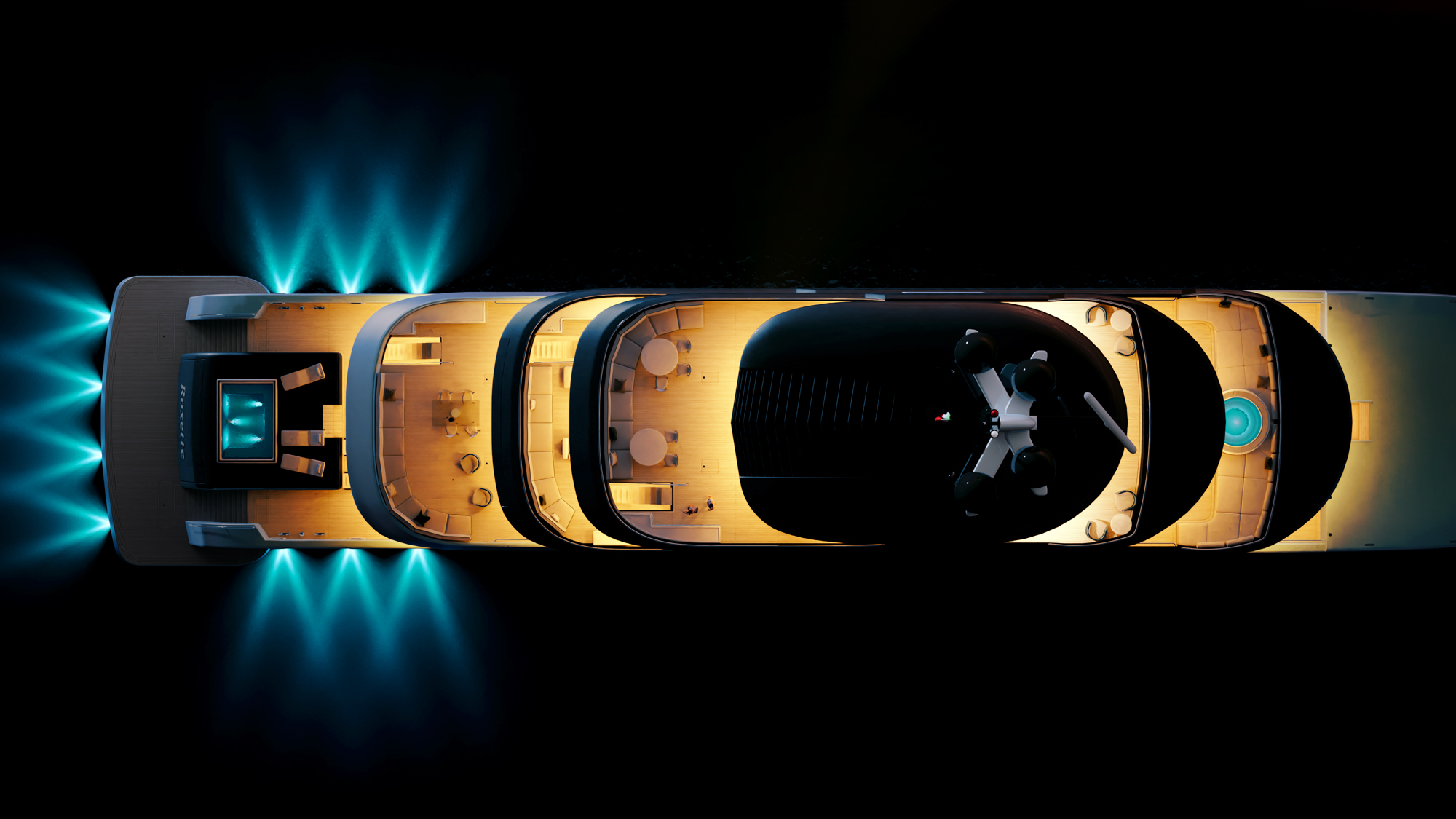 Superyacht 3D rendering — evening lighting